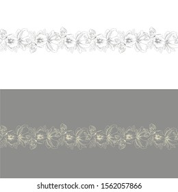 Vector seamless floral borders with hand drawn beautiful blooming flowers. 