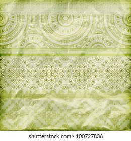 vector seamless floral borders on  crumpled green foil  paper texture