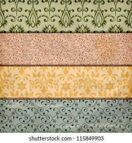 vector seamless floral borders on  crumpled paper texture, seamless patterns included in swatch menu in brown color, fully editable eps 10 file with transparency effects