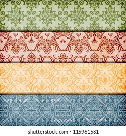 vector seamless floral borders on  crumpled paper texture, seamless patterns included in swatch menu , fully editable eps 10 file with transparency effects and mesh