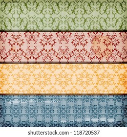vector seamless floral borders on  crumpled paper texture, seamless patterns included in swatch menu , fully editable eps 10 file with transparency effects and mesh