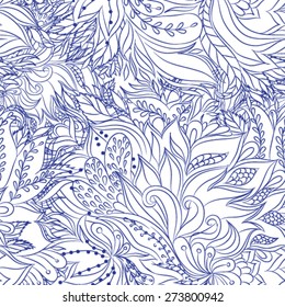 Vector seamless floral bright abstract pattern in blue and white colors