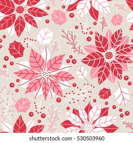 Vector seamless floral Christmas pattern, red poinsettia flower