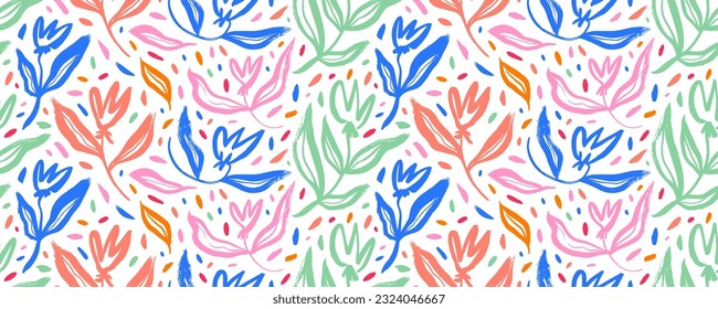 Vector seamless floral colorful pattern on a white background. Brush drawn tulip flowers with leaves and dots. Folk and childish style drawing. Modern exotic spring design. Fashionable summer banner.