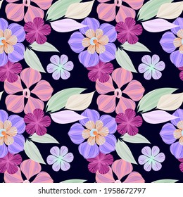 Vector seamless floral decorative multicolored pattern for fabric design on dark background