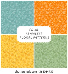 Vector seamless floral design floral set. Four vintage endless patterns or ornament with flowers.