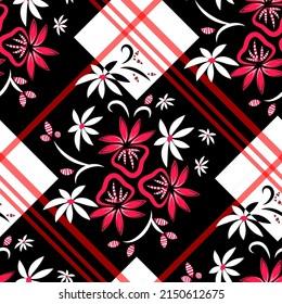 Vector seamless floral diagonal red-white-black pattern on a white background