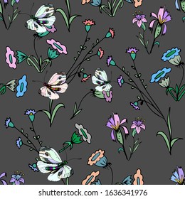 Vector seamless floral doodle pattern, outlines of  set of flowers butterflies with a black line, sketch for design of paper, wallpaper, fabric, stock illustration hand-drawn. In pastel colors painted