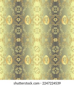Vector seamless floral Easter vintage pattern with gold hearts, eggs and flowers