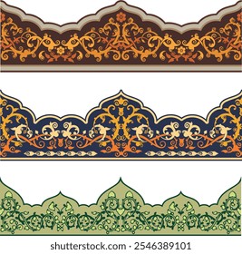 Vector seamless floral ethnic frieze series. Floral ornamental motifs in Eastern, Arabic, Indian, Oriental style. Retro wedding backgrounds, page decorations, damask, fabric, carpet and scarf patterns