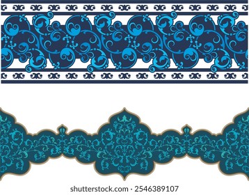 Vector seamless floral ethnic frieze series. Floral ornamental motifs in Eastern, Arabic, Indian, Oriental style. Retro wedding backgrounds, page decorations, damask, fabric, carpet and scarf patterns