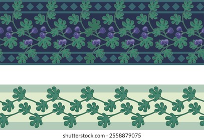 Vector seamless floral ethnic frieze set with figs and leaves. Wedding backgrounds, page decorations, fabric, damask, silk and scarf patterns. Floral ornamental motifs in Eastern style.