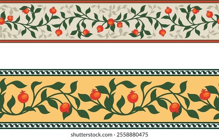 Vector seamless floral ethnic frieze set with rosehips and leaves. Wedding backgrounds, page decorations, winter holiday decorations and damask patterns. Floral ornamental motifs in Eastern style.