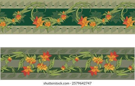 Vector seamless floral ethnic frieze series. Wedding background, page decorations, fabric, carpet and scarf pattern. Floral ornamental motifs in Eastern style.