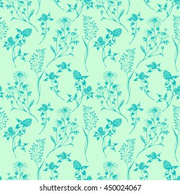 Vector seamless floral green background with wild herbs and flowers. Hand drawn botanical herbal illustration in sketch style. For print, fabric, wallpaper, wrapping and other seamless design.