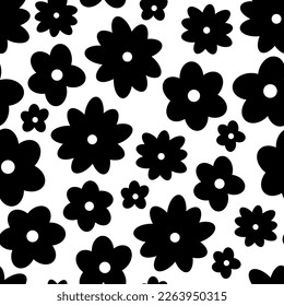 Vector seamless floral groovy psychedelic pattern. Simple geometric graphic design template. Flower market backdrop. Black and white flowers digital paper. Cool fun funky hippie psychedelia background