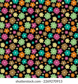 Vector seamless floral groovy psychedelic pattern. Trippy simple geometric design template. Flower market backdrop. Colorful flowers digital paper. Positive vibes funky hippie psychedelia background