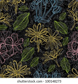 Vector seamless floral grunge pattern with flowers