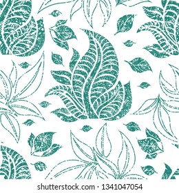 Vector seamless floral grunge pattern with leafs. Plant background