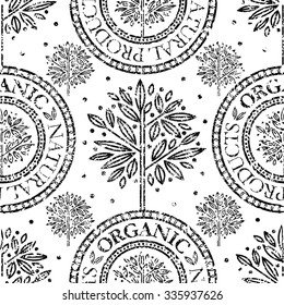 Vector seamless floral grunge pattern with "Natural product" stamp