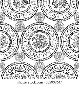 Vector seamless floral grunge pattern with "Natural product" stamp