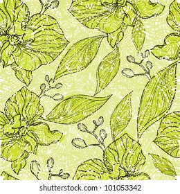 Vector seamless floral grunge patterns with orchid flowers and leafs