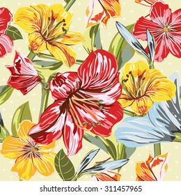 Vector Seamless Floral Hand-drawn Pattern. Flower pattern with of red, yellow, blue flower on dot background. Background for your design wedding invitations, wallpaper, scrapbook and etc