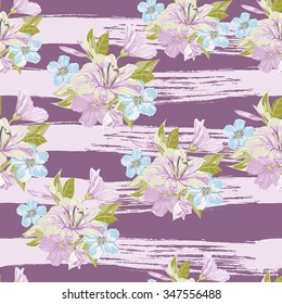 Vector Seamless Floral Hand-drawn Pattern. Flower pattern with of red, yellow, blue flower on against the background of lilac strips of drawn ink. Background for your design projects