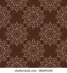 Vector Seamless Floral Mandala Pattern over Brown Coffee color. Seamless pattern for your designs, invitation card, yoga, meditation, astrology and other wrapped projects. Pattern in swatches panel.