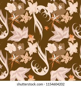 Vector seamless floral monochrome pattern in brown color decorative fantasy flowers for textile design 