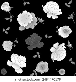 Vector sin costuras floral monocromo patrón de hojas simplemente dibujadas, flores y brotes de peonías y rosas sobre un fondo negro.