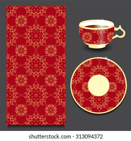 vector seamless floral orient or armenia pattern with cup and plate. stock