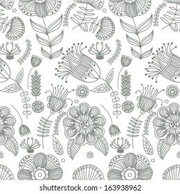 Vector seamless floral ornament with stylized flowers in grey