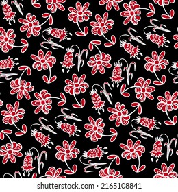 Patrón de contorno floral sin fisuras vectorial en forma de doodle, rojo negro y blanco, flor de campana de contorno y flores decorativas de corolla dispersas en la superficie en orden aleatorio dibujado a mano,