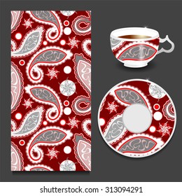 vector seamless floral paisley pattern with cup and plate. stock