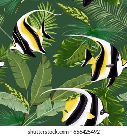Vector Seamless Floral Palms Summer Graphic with Tropical Fish. For Wallpapers, Backgrounds, Textures, Textile, Cards.