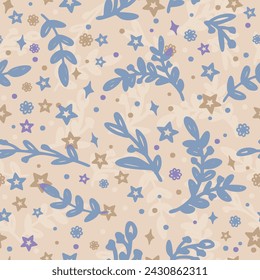 Vector seamless floral pastel pattern with colorful leaves, flowers and stars on light beige background.