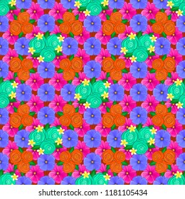 Vector seamless floral pattern with abstract violet, magenta and orange roses with green leaves.