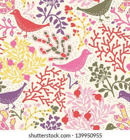 vector seamless floral pattern with abstract colored birds and plants