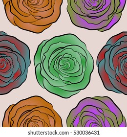Vector seamless floral pattern with abstract green, neutral and orange roses.