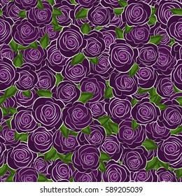 Vector seamless floral pattern with abstract purple roses and green leaves.
