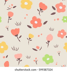 Vector seamless floral pattern. Abstract colorful flowers, grass and leaves on beige background. Painted brush strokes texture.