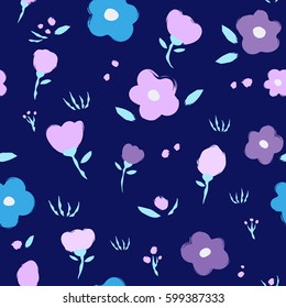 Vector seamless floral pattern. Abstract colorful flowers, grass and leaves on dark blue background. Painted brush strokes texture.