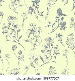 Vector seamless floral pattern with aroma and medical herbs on yellow. Hand drawn botanical illustration for fabric, wrapping, prints and other herbal design. Background with wild meadow herbs.