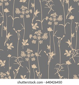 Vector seamless floral pattern with aroma and medical herbs. Hand drawn botanical illustration for fabric, wrapping, prints and other herbal design. Background with wild meadow herbs.