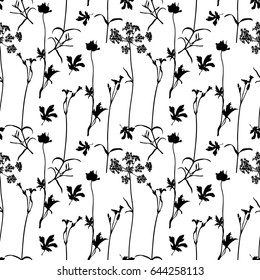 Vector seamless floral pattern with aroma and medical herbs. Hand drawn botanical illustration for fabric, wrapping, prints and other herbal design. Background with wild meadow herbs.