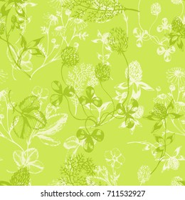 Vector seamless floral pattern with aroma and medical herbs on light green. Hand drawn botanical illustration for fabric, wrapping, prints and other herbal design. Background with wild meadow herbs.