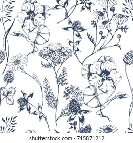 Vector seamless floral pattern with aroma and medical  herbs on white. Ink drawn botanical illustration for fabric, wrapping, prints and other design. Background with wild meadow herbs.