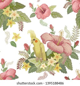 Vector seamless floral pattern from Australian yellow parrot, pink hibiscus, beige frangipani flowers and fantasy tropical foliage on a white background. Wallpaper print, batik ornament