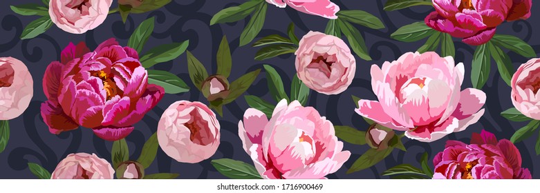 Vector seamless floral pattern with beautiful peony flowers